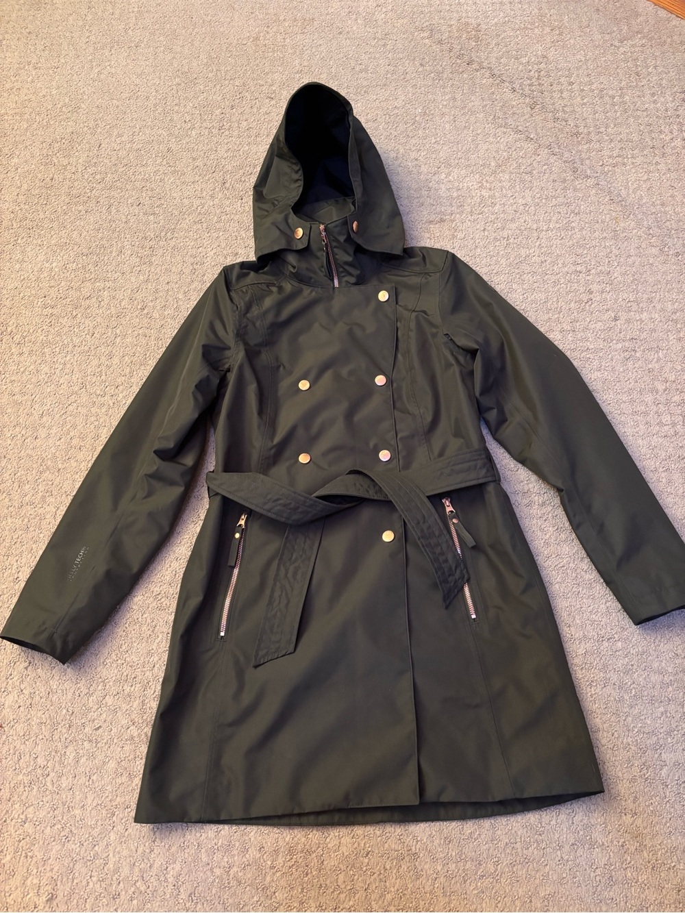 Helly Hansen Wesley II Trench Raincoat Olive Green Hooded Belted Size XS